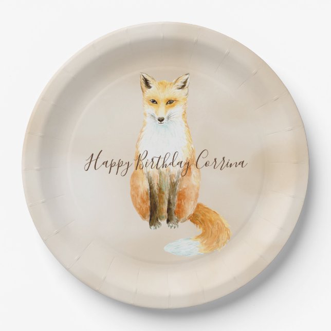 Cream Watercolor Orange Fox                   Paper Plate (Front)