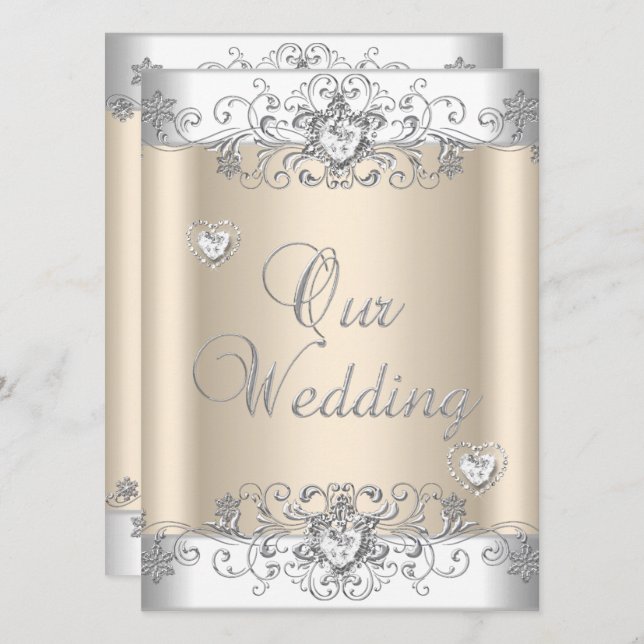 Cream Wedding Silver White Diamond Hearts Invitation (Front/Back)