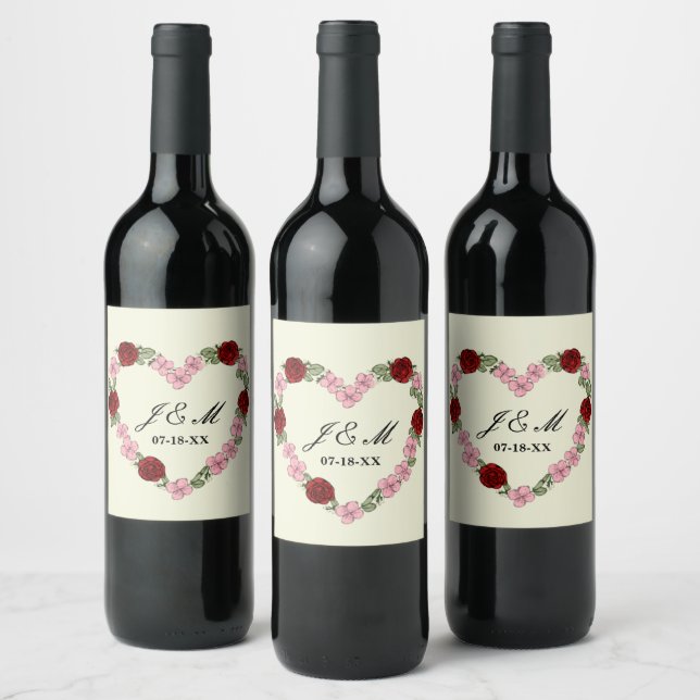 Cream wedding wine label with a pink and red heart (Bottles)