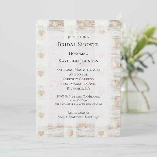 Cream White Beige Boho Hearts Bridal Shower  Invitation (Standing Front)