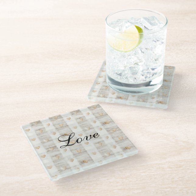 Cream White Beige Boho Hearts  Glass Coaster (Angled)