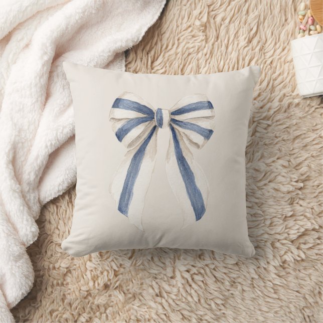 Cream White Blue Stripes Bow Cushion (Blanket)