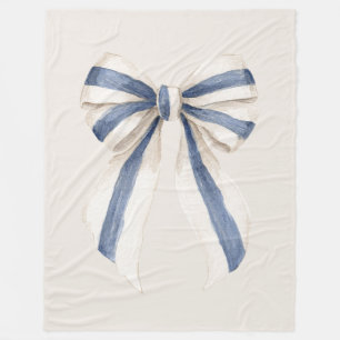 Cream White Blue Stripes Bow Fleece Blanket
