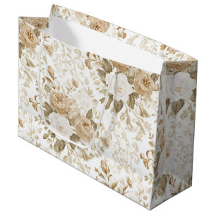 Cream White Bohemian Floral Bridal Shower Large Gift Bag