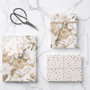 Cream White Bohemian Floral Bridal Shower Wrapping Paper Sheet