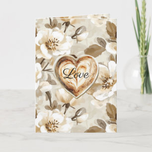Cream White Brown Floral Heart Love Card