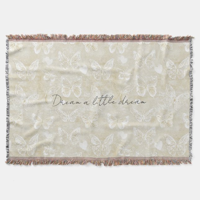 Cream White Butterflies Hearts Throw Blanket (Front)