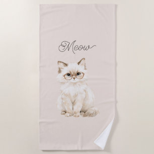 Cream White Cat Glasses Beach Towel