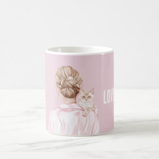 Cream White Cat Pink Bow Female Coffee Mug (Center)