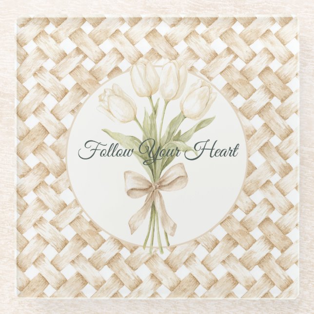 Cream White Faux Basket Weave  Glass Coaster (Front)