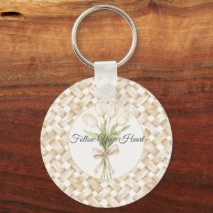 Cream White Faux Basket Weave  Key Ring