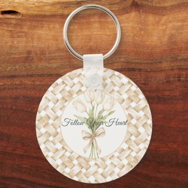 Cream White Faux Basket Weave  Key Ring (Front)