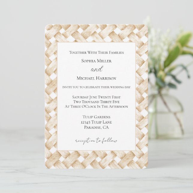 Cream White Faux Basket Weave Wedding Invitation (Standing Front)