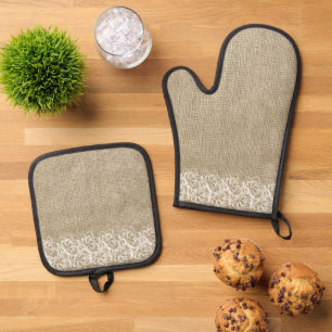 Cream White Faux Burlap and Lace Oven Mitt & Pot Holder Set