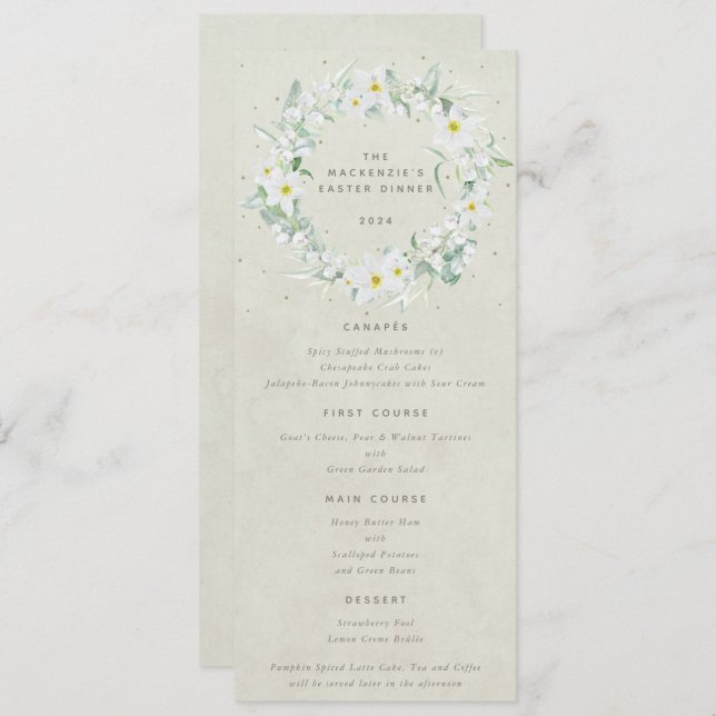 Cream White Floral Easter Wreath Flat 4 Course Menu (Front/Back)
