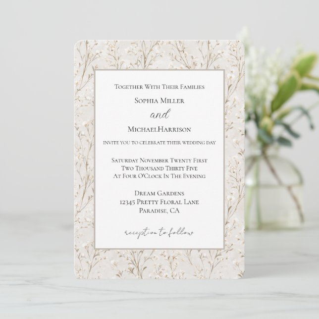 Cream White Floral Wedding Invitation (Standing Front)