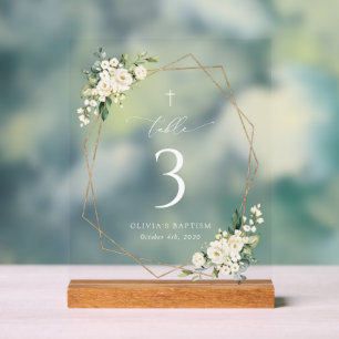 Cream White Flowers, Boho, Baptism Table Numbers Acrylic Sign