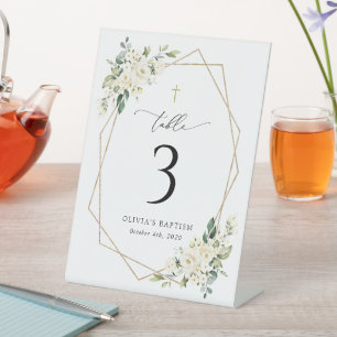 Cream White Flowers, Boho, Baptism Table Numbers Pedestal Sign