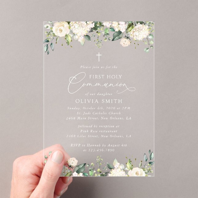 Cream White Flowers, Boho, First Holy Communion Acrylic Invitations (Insitu (Handheld))