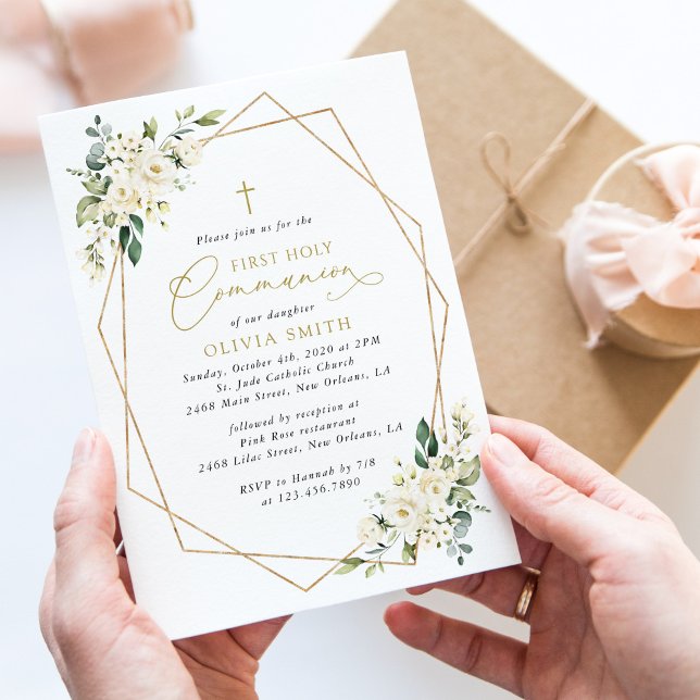 Cream White Flowers, Boho, First Holy Communion Invitation (Creator Uploaded)