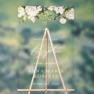 Cream White Flowers, Boho, Floral Baptism Welcome Acrylic Sign