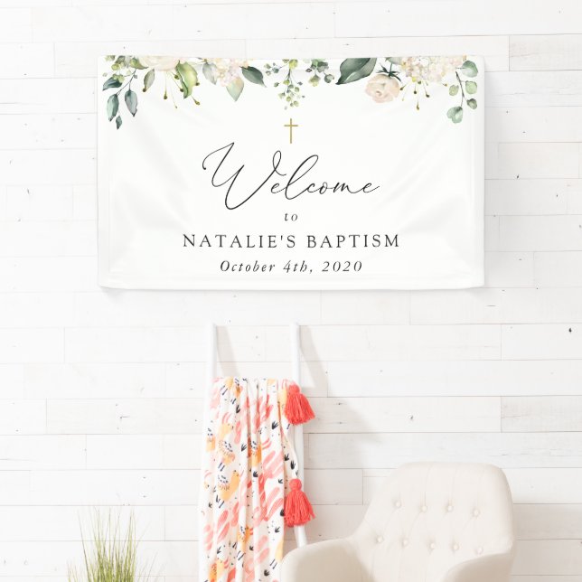 Cream White Flowers, Boho, Floral Baptism Welcome Banner (Insitu)