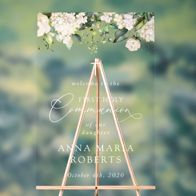 Cream White Flowers, First Holy Communion Welcome Acrylic Sign (Neutral)