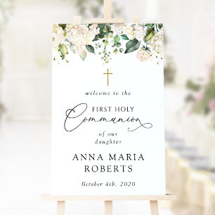 Cream White Flowers, First Holy Communion Welcome Poster