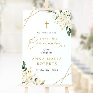Cream White Flowers, First Holy Communion Welcome Poster