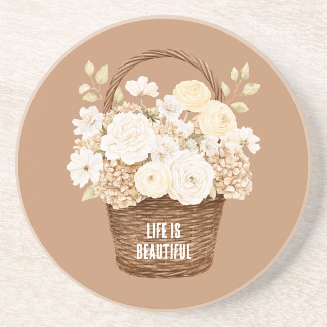 Cream White Flowers in Basket Coaster (Front)