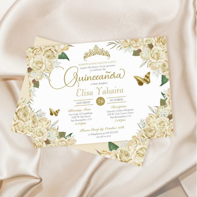 Cream White Gold Rose Floral Butterfly Quinceanera Invitation (Creator Uploaded)