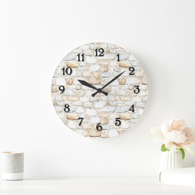 Cream White Grey Faux Stones   Large Clock (Home)