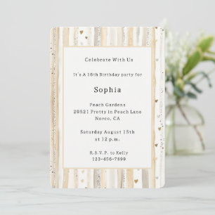 Cream White Hearts Stripes Birthday Invitation