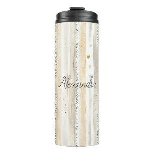 Cream White Hearts Stripes Thermal Tumbler