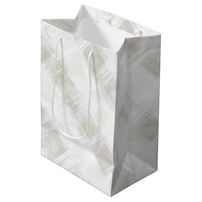 Cream White Plaid Stripes Christmas Medium Gift Bag (Front Angled)