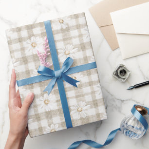 Cream White Plaid Stripes Daisy Floral Birthday Wrapping Paper
