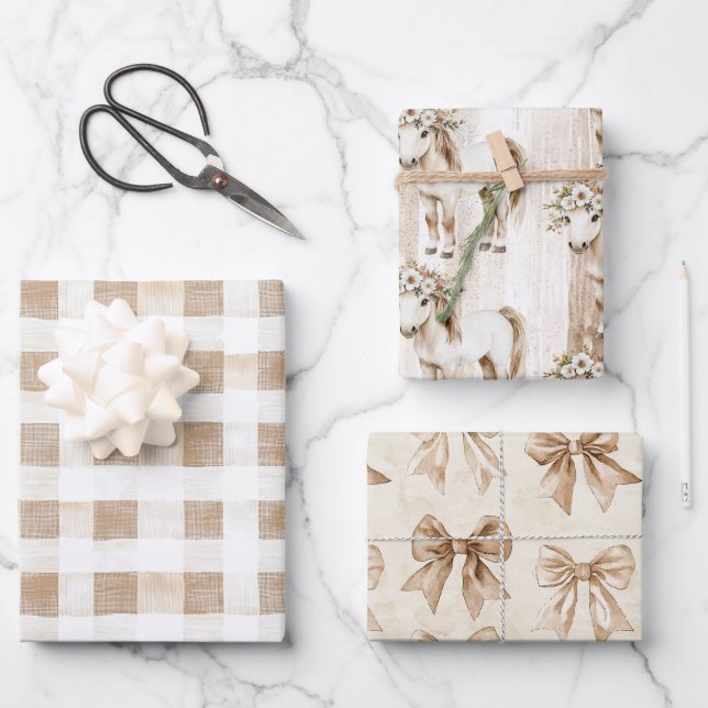Cream White Plaid Stripes Floral Horse Birthday Wrapping Paper Sheet (Front)