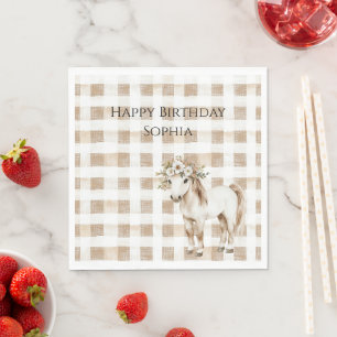 Cream White Plaid Stripes Horse Birthday Napkin