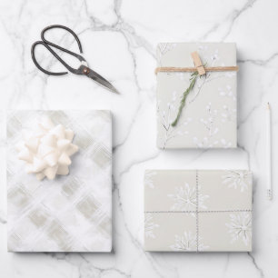 Cream White Plaid Stripes Snowflakes Christmas Wrapping Paper Sheet