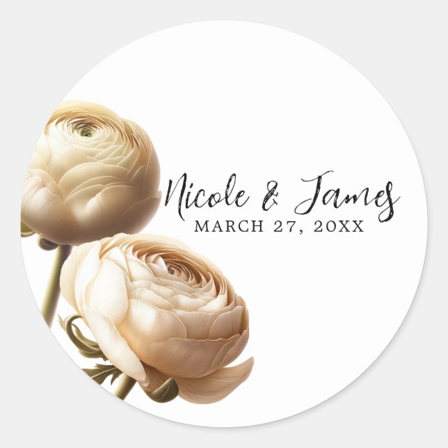 Cream & White Ranunculus Floral Wedding Classic Round Sticker (Front)