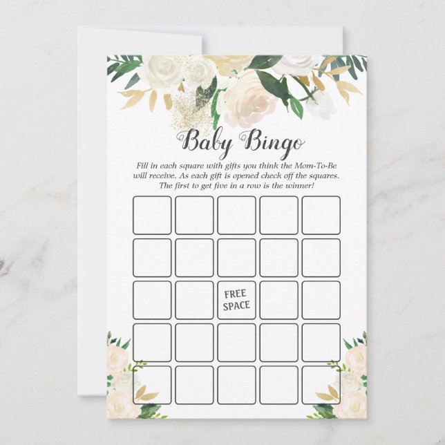 Cream White Rose Floral Baby Shower Bingo Game (Front)