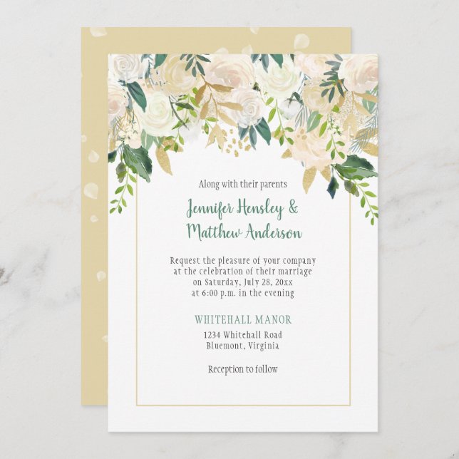 Cream White Roses Cascade Wedding Invitation (Front/Back)