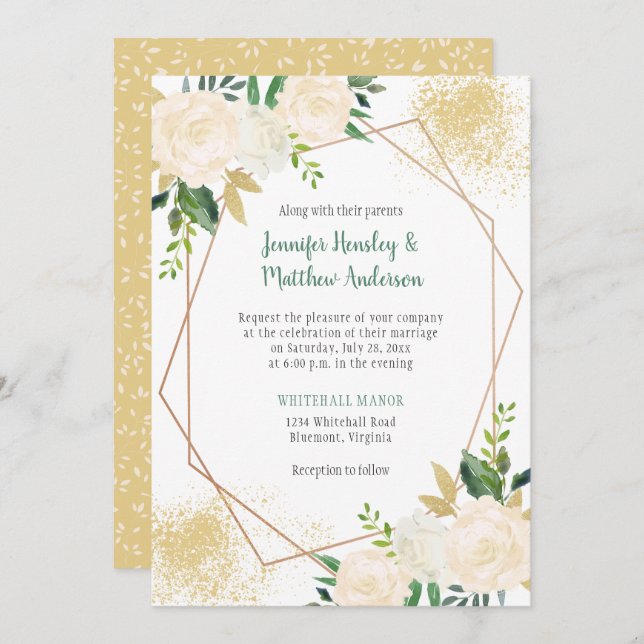 Cream White Roses Geometric Gold Geometric Invitation (Front/Back)