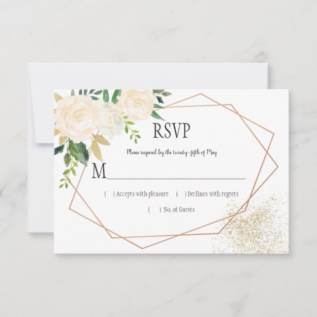 Cream White Roses Glitter Greenery Geometric RSVP (Front)