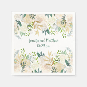 Cream White Roses Glitter Greenery Reception #2 Napkin