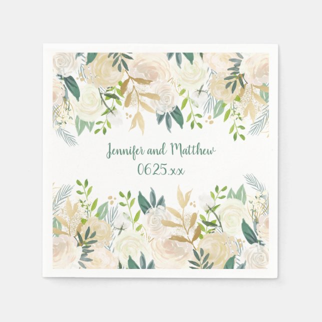 Cream White Roses Glitter Greenery Reception #2 | Napkin (Front)