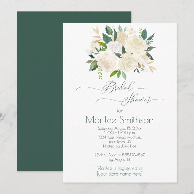 Cream White Roses Gold Green Leaves Bridal Shower Invitation (Front/Back)