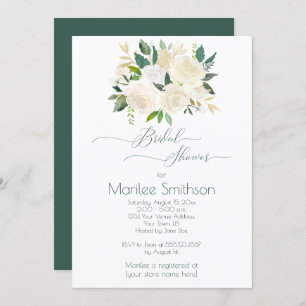 Cream White Roses Gold Green Leaves Bridal Shower Invitation