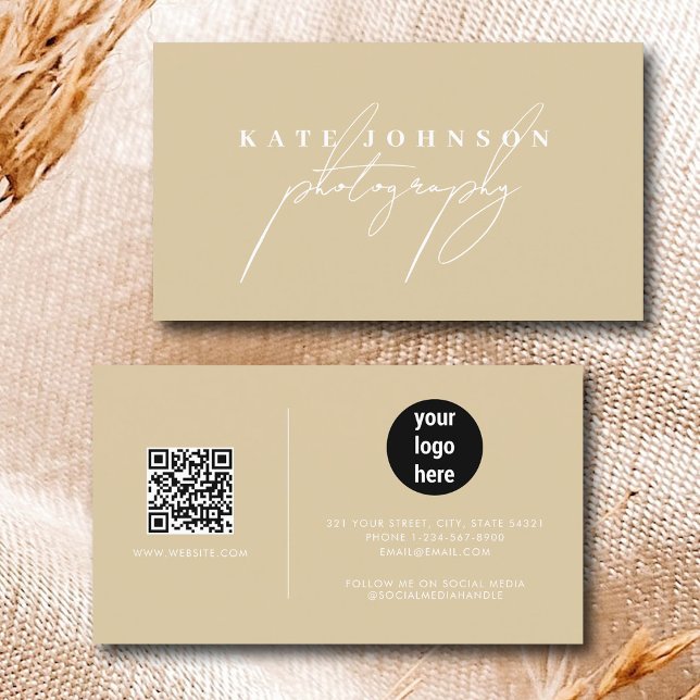 Cream White Signature Script QR Code Social Media  Business Card (Cream White Signature Script QR Code Social Media Business Card)