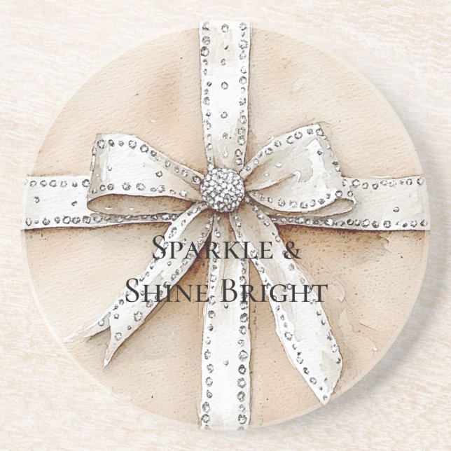Cream White Silver Glitzy Glam Bow Birthday Coaster (Front)
